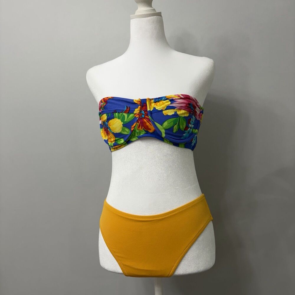 RALPH LAUREN Underwire Bandeau Bikini Top Blue Floral Tropical Tie Back Large L